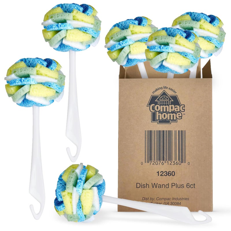 Compac Home Dish SpongeWand Plus Tri Surface Scrubbing Sponge with Cello Foam Scour Sponge Petals Cleans Dishes Glassware 360 Scrubber Pads for Tough to Clean Pots Pans MultiColor Pack of 6